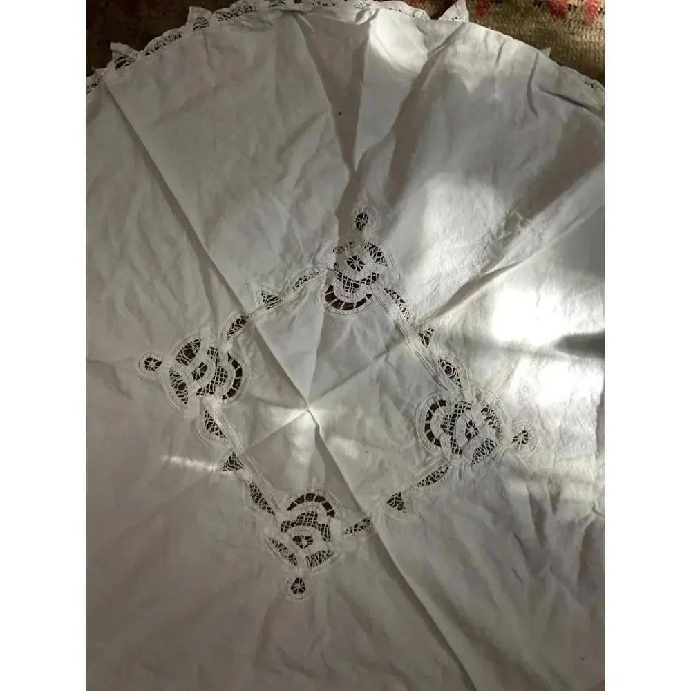 Round White  Embroidered Tablecloth with Lace Trim